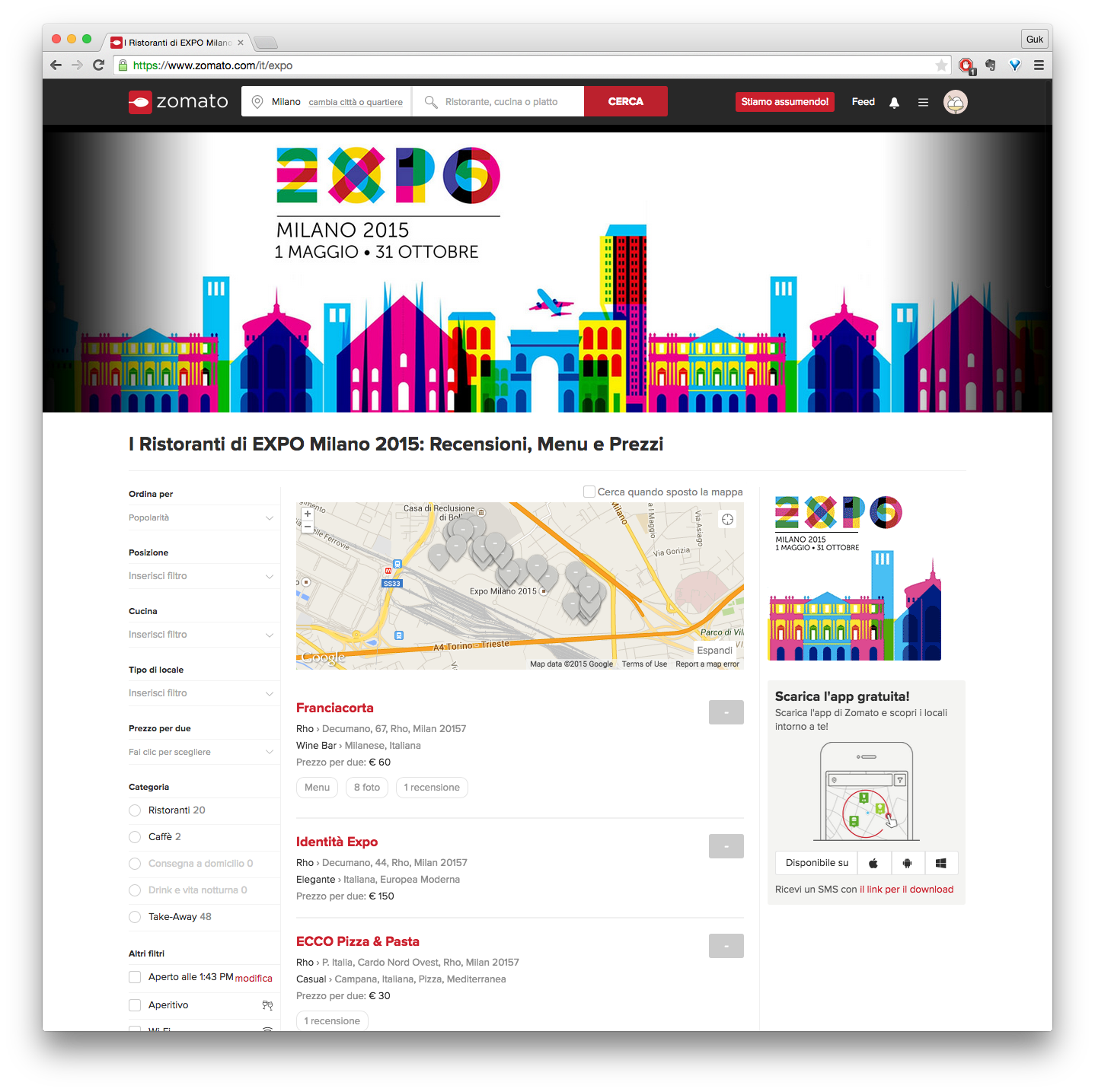 La home page del mini-sito di Zomato dedicato a Expo